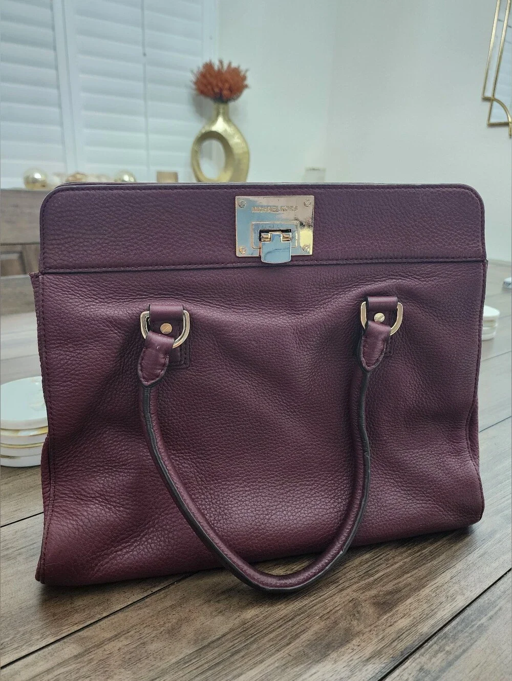 Michael Kors Burgundy Pebbled Leather Tote with Gold Hardware